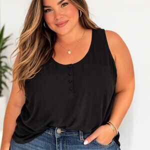 Torrid Black Challis Top 5X 28 Henley Button Sleeveless Blouse Pocket Casual NWT